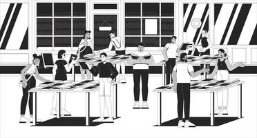 Bookfair with people browsing books on tables line illustration. Library event. Literary festival. Writers readers on book fair 2D ink linear characters monochrome. Flat outline image vector