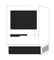 Retro Macintosh style computer with floppy drive slot 2D line object. Y2k hardware. Tech nostalgia. Oldschool technology isolated clipart ink outline item. Monochrome spot illustration vector