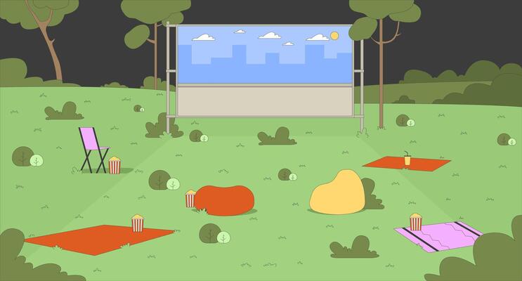Empty park setup with outdoor movie screen and seating flat illustration background. Popcorn bean bags. Open-air projector screen at summer night 2D cartoon backdrop. Colorful scene art image