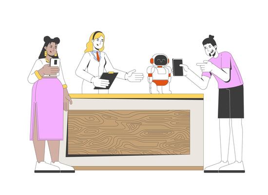 Diverse gen z attendees taking photos of robot at science expo booth 2D cartoon characters. STEM woman presenting robotics on event flat people isolated on white. Spot illustration colorful
