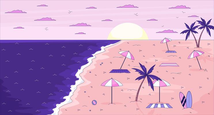 Empty beach sunset with umbrellas and palm trees flat illustration background. Tropical shore summer. Sandy coast seaside towels parasols 2D cartoon lofi backdrop. Colorful scene art image