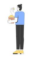 Caucasian topknot man standing and eating popcorn 2D cartoon character. Upright pose european male enjoying snack from striped bucket flat person isolated on white. Spot illustration colorful vector