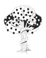 Tree of knowledge with serpent and apples 2D line bible character. Temptation forbidden fruit. Garden Eden appletree with coiled snake isolated ink outline. Monochromatic spot illustration vector