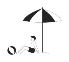 Beachgoer boy sitting under umbrella with beach ball 2D line character. Relaxing child summer. Young man in swim trunks isolated ink outline person faceless. Monochromatic spot illustration vector