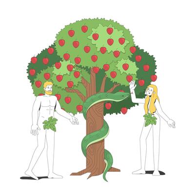 Adam and Eve with serpent at tree of knowledge 2D cartoon bible characters. Biblical people, snake coiled around appletree trunk flat people isolated on white. Spot illustration colorful