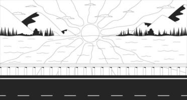 Sunset over mountain lake with roadside line illustration backdrop. Twilight summer road. Sun rays across water, lakeside highway dusk sky 2D ink outline monochrome lo-fi background. Lineart vector