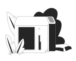 Overgrown vintage computer in nature 2D line object. Forgotten technology decay grass. Y2K tech. Leaves electronics nostalgia isolated clipart ink outline item. Monochrome spot illustration vector