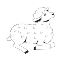 Lamb lying down in peaceful pose 2D line character. Innocence. Pastoral gentle creature. Cute little sheep with soft white wool isolated ink outline animal. Monochromatic spot illustration vector