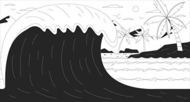 Large ocean wave crashing near tropical beach line illustration backdrop. Sea paradise. Surf style. Seascape coast sandy desert island 2D ink outline monochrome lo-fi background. Lineart vector