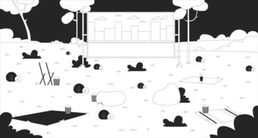 Empty park setup with outdoor movie screen and seating line illustration backdrop. Popcorn bean bags. Open-air projector screen at summer night 2D ink outline monochrome background. Lineart vector