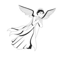 Floating graceful angel with wings and flowing robes 2D line bible character. God messenger. Praying divine being with clasped hands isolated ink outline person. Monochromatic spot illustration vector