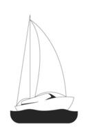 Minimalist white sailboat gliding on calm waters 2D line object. Floating vessel. Marine travel. Ocean journey. Sailing boat isolated clipart ink outline item. Monochrome spot illustration vector
