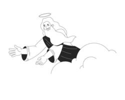 God reaching from clouds 2D line bible character. Heavenly presence. Spiritual being. Divine figure with halo and flowing robes isolated ink outline person. Monochromatic spot illustration vector