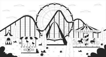 Empty amusement park with ferris wheel, carousel, carnival game line illustration backdrop. Roller coaster, horse roundabout attractions 2D ink outline monochrome background. Lineart vector