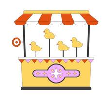 Duck shooting carnival game booth 2D cartoon object. Striped canopy retro amusement attraction. Funfair arcade targets stall isolated element flat clip art on white. Spot illustration vector