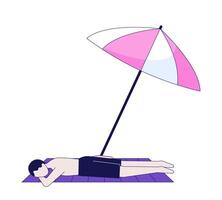 Man sunbathing face down under beach umbrella 2D cartoon character. Parasol shade beachgoer boy lying on towel in swim trunks flat faceless person isolated on white. Spot illustration colorful vector