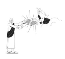 Moses receiving ten commandments from God 2D line bible characters. Divine figure in clouds handing stone tablets to robed man isolated ink outline people. Monochromatic spot illustration vector