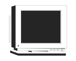 Angled CRT monitor bulky 90s screen 2D line object. Analog display. Y2k hardware. Tech nostalgia. Oldschool technology isolated clipart ink outline item. Monochrome spot illustration vector