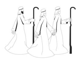Three shepherds on biblical journey in nativity story 2D line bible characters. Middle eastern wise men travelers in ancient robes isolated ink outline people. Monochromatic spot illustration vector
