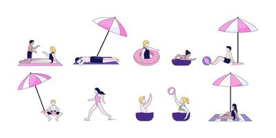 Diverse bathers enjoying beach activities 2D cartoon characters set. Sunbathing relaxing under umbrellas, swimming flat faceless people isolated on white. Spot illustrations collection vector