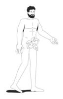 Adam with fig leaf from Eden garden 2D line bible character. Creation myth. Innocent male. Human origin. Biblical man bearded isolated ink outline person. Monochromatic spot illustration vector