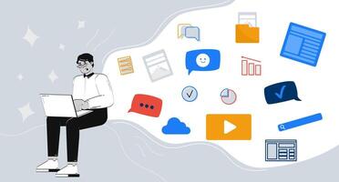 Man using laptop with icons vector