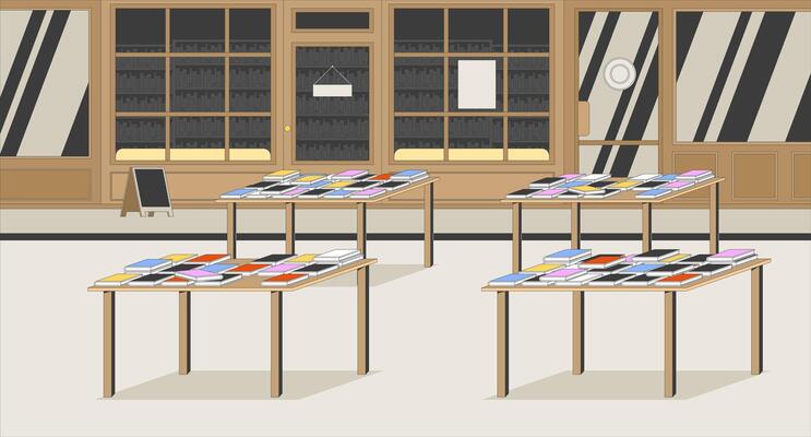 Empty bookstore interior with display tables flat illustration background. Publishing, library. Retail bookshop exterior, bookcrossing books 2D cartoon backdrop. Colorful scene art image