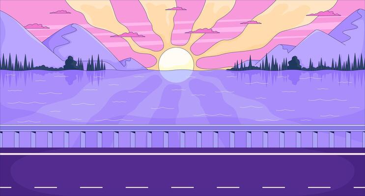Sunset over mountain lake with roadside flat illustration background. Twilight summer road. Sun rays across water, lakeside highway dusk sky 2D cartoon lofi backdrop. Colorful scene art image