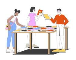 Diverse bookstore visitors browsing books on display table 2D cartoon characters. Bookshop students selecting novels on bookfair flat people isolated on white. Spot illustration colorful vector