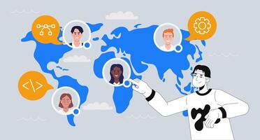 Global software development and jobs outsourcing 2D illustration concept. Recruiting talent. World map with diverse developers cartoon conceptual abstract art. Flat metaphor on grey background vector