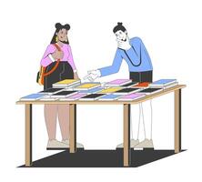 Two people examining books together vector