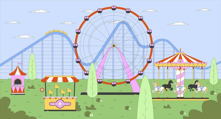 Empty amusement park with ferris wheel, carousel, carnival game flat illustration background. Roller coaster, horse roundabout attractions 2D cartoon backdrop. Colorful scene art image