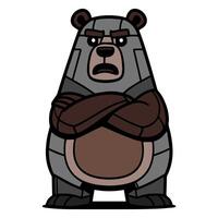 A cartoon bear with a scowl on its face and crossed arms. The bear is standing in a white background vector