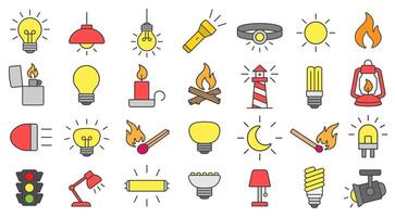 Light color icon symbol set. Light bulb, lamp, flashlight, LED, lantern, spotlight, campfire and lighter icons sign. illustration image. Isolated on white background. vector