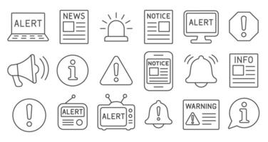Info alert editable line icons set. Warning, notice logo sign collection. Icon, news, Symbol, TV, radio, computer, internet, megaphone, phone. illustration image. Isolated on white background. vector