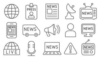 News report editable line icons set. Journalism newspaper logo sign collection. Icon, Symbol, TV, radio, computer, internet, live broadcast. illustration image. Isolated on white background. vector