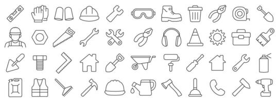 Tools and working safety editable line icons set. Repair, handyman, fixing, work, safety gears, tool logo, icon, sign collection. V illustration image. Isolated on white background vector