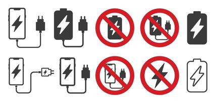 Charging phone icon set. forbidden to charge the battery icon. No charging symbol. Logo of prohibited mobile phone charging. illustration image. Isolated on white background. vector