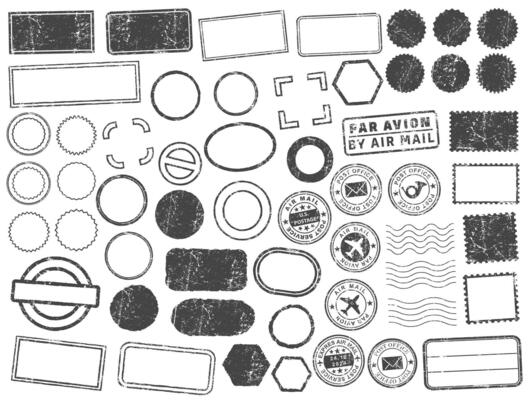 Stamps frames icon shape set. Stamp grunge ink rubber labels sign collection. Isolated on white background. Black round and square black stamp border pack.