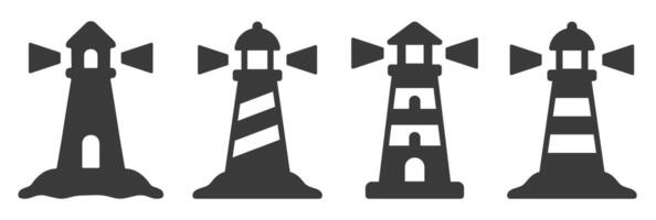 Lighthouse icon symbol shape set. Light house logo sign collection. Sea Navigation Shore light beacon. silhouette illustration. Isolated on white background. vector