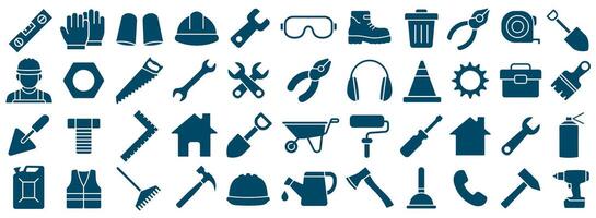 Tools and working safety icons set. Repair, handyman, fixing, work, safety gears, tool logo, icon, sign collection. illustration image. Isolated on white background. vector