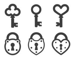 Key and lock icon symbol set. Keys and locks. Antique key silhouettes, keyhole, Heart key and lock. illustration image. Isolated on white background. vector