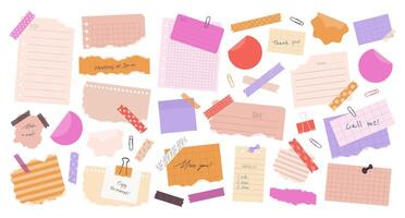 Big set of different torn paper notes, stickers, to do list, notebook, duct tapes, paper clips. Isolated flat sticky elements, planners, reminders for mood boards, scrapbooking, craft designs. vector