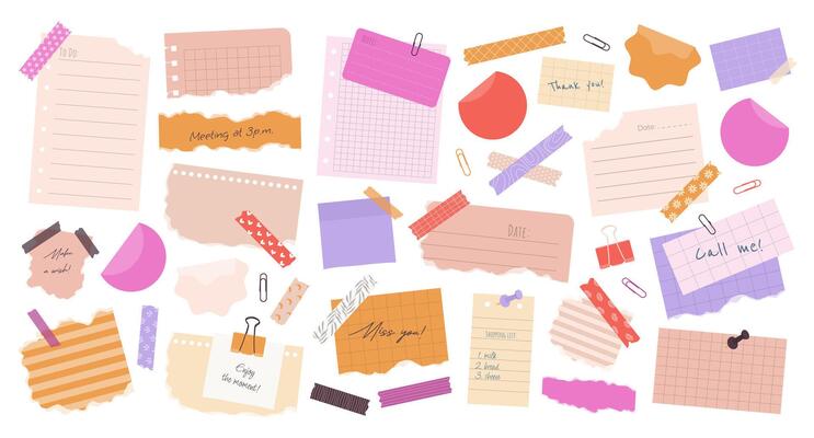 Big set of different torn paper notes, stickers, to do list, notebook, duct tapes, paper clips. Isolated flat sticky elements, planners, reminders for mood boards, scrapbooking, craft designs.