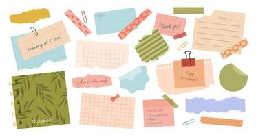 Set of torn paper notes, stickers, to do lists, duct tapes, paper clips. Isolated sticky craft elements and reminders for scrapbooking, collages, and mood boards. Illustrations on white. vector