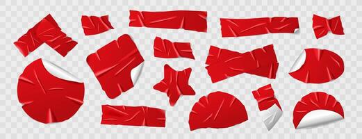 Set of glossy red duct tape, adhesive tape, sticky paper strips. Isolated elements in different shapes on a background. Realistic wrinkled tape pieces for collages and scrapbooking vector