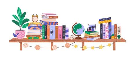 Stacks of books and home decor on bookshelf. Library collection with educational literature, novels, encyclopedias. Isolated horizontal illustration on white for World Book Day or Back to School. vector
