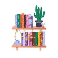 Stacks of various books on bookshelves. Home library collection with educational literature, novels, encyclopedias. World Book Day or Back to School concept. Isolated flat illustration on white. vector
