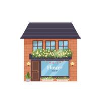 Flower shop building. Front view of shop with blooming flowers, large display window, and decorative garland. Isolated flat illustration on white background for retail, business, and nature themes. vector