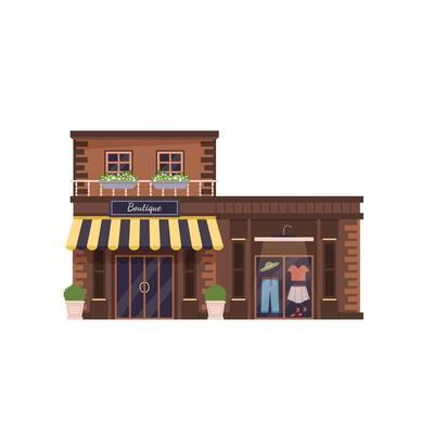 Modern boutique building in flat style. New shopping center or store facade isolated on white background. Front view. Clip art for web, apps, infographics, and presentations.